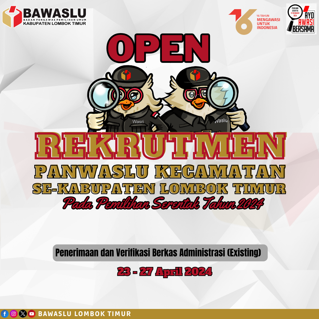 PENGUMUMAN PENDAFTARAN CALON ANGGOTA PANWASLU KECAMATAN EXISTING DALAM RANGKA PEMILIHAN TAHUN 2024