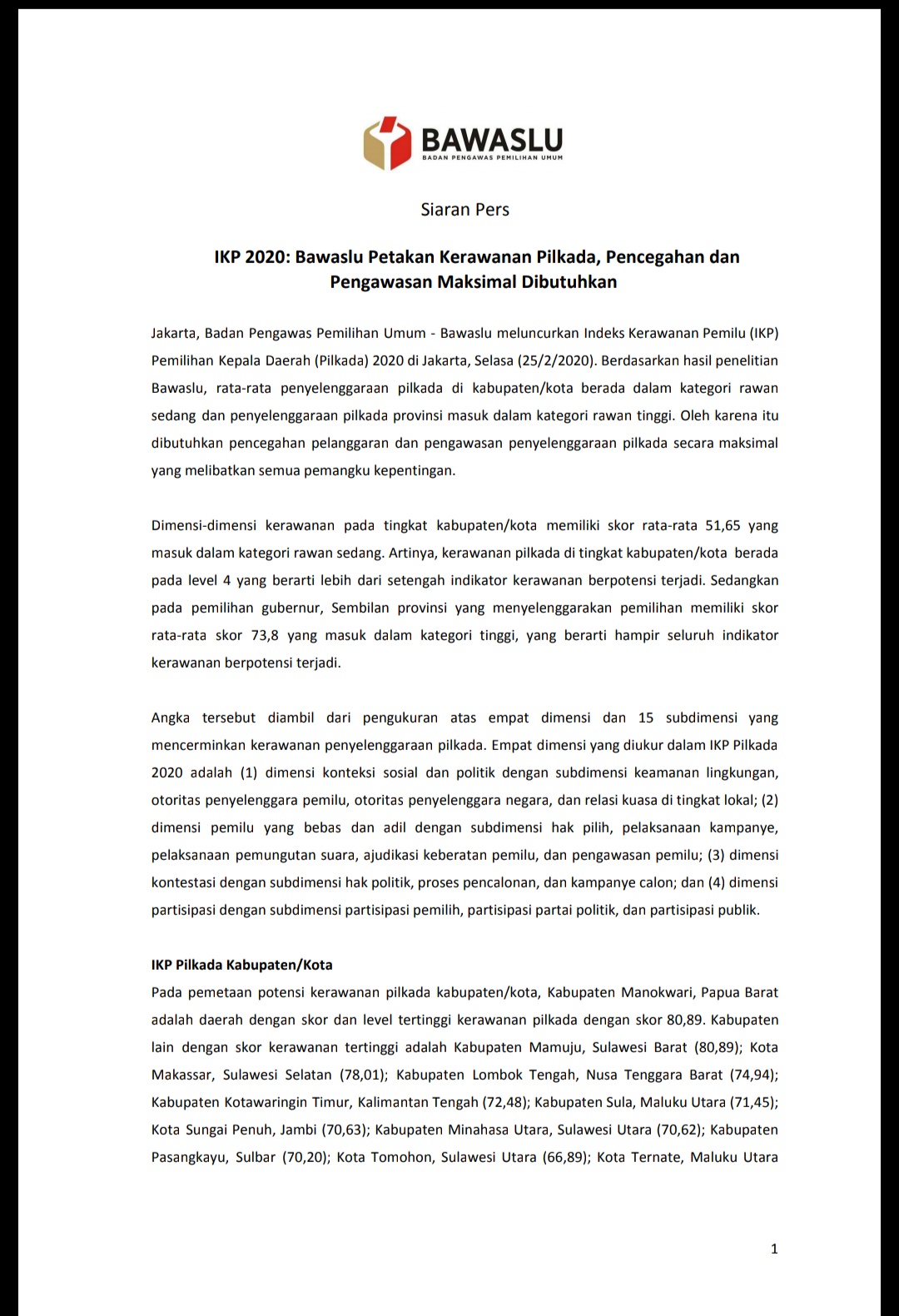 Siaran Pers IKP 2020