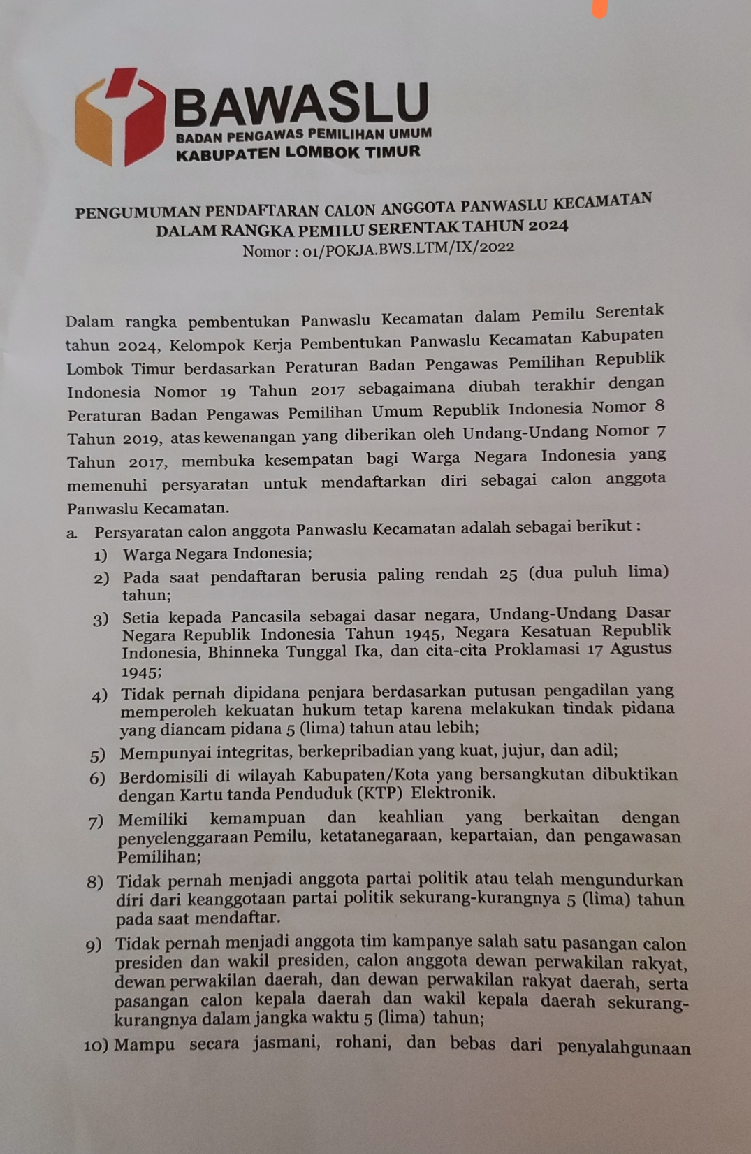 SURAT PENGUMUMAN PENDAFTARAN CALON PANWASLU KECAMATAN